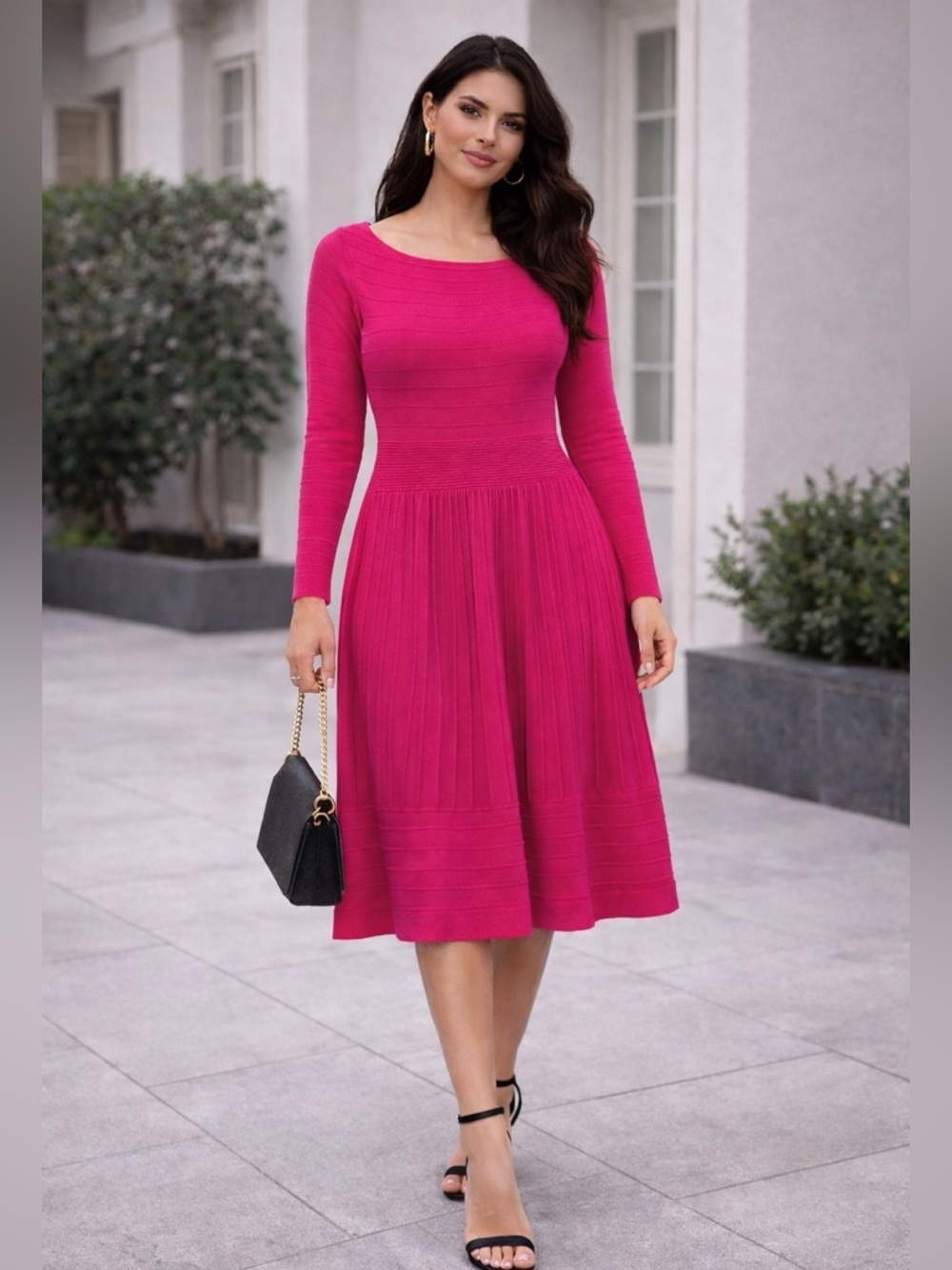 INC Womens Knit Ribbed Trim Casual MIDI Dress 3/4 sleeve Pink Size Small